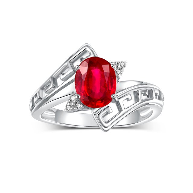 RYLOS Rings for Women Sterling Silver Greek Key Designer Ring 9X7MM Gemstone & Diamond Ring July Ruby Jewelry Size 5