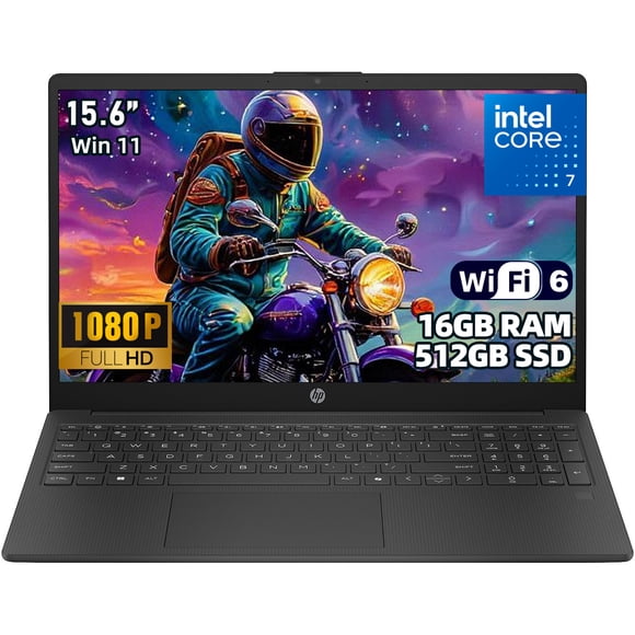 HP 15 Laptop, 15.6" Full HD IPS Display, Intel Core 7-150U 10-Core Processor, 16GB RAM, 512GB SSD, Wi-Fi 6, Bluetooth 5.4, USB-C, Privacy Camera, English Keyboard, Windows 11 Home, Jet Black
