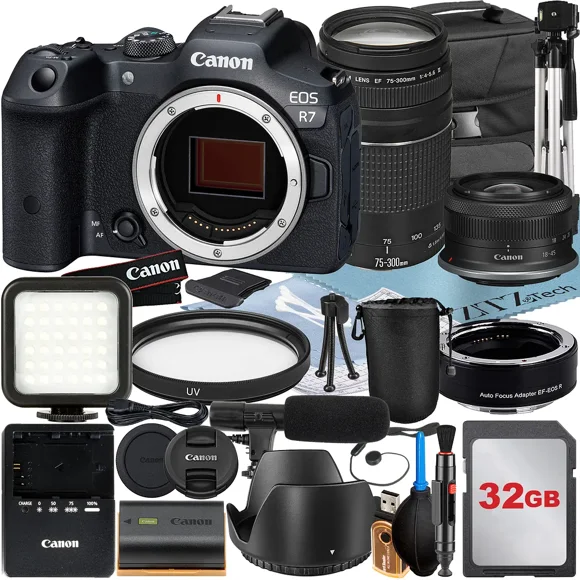 Canon EOS R7 Mirrorless Camera with RF-S 18-45mm + EF 75-300mm Lens + Mount Adapter + 32GB Memory Card + Case + LED Flash + ZeeTech Accessory Bundle