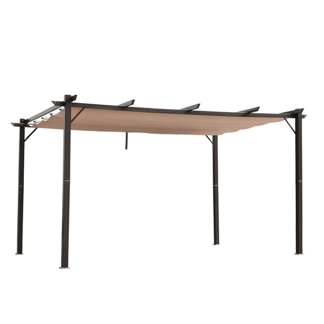 Outsunny 10' x 13' Aluminium Outdoor Pergola Gazebo with a retractable brown canopy cover. The pergola features a rust-resistant aluminum frame and a UV-resistant polyester fabric top, suitable for backyard, garden, or patio use. The sliding canopy allows for adjustable shading, creating a versatile outdoor sunshade solution. Dimensions are approximately 9.75' L x 13' W x 7.75' H.