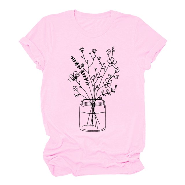 Chandail pour Femmes Été Décontracté Hauts pour Femmes Femmes Col Rond Manche Courte Quotidien Texte Botanique Floral Haut Chat T-Shirt Adulte Femme Vêtements Rose Taille m