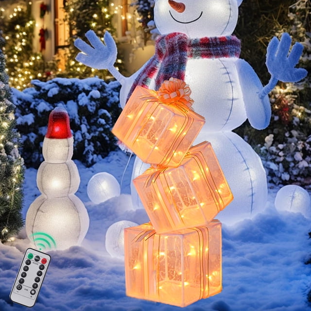 LED Lighted Christmas Gift Box Set with Remote, Outdoor Indoor Holiday Decoration for Home, Party, Yard, Porch, Tree, Warm White Lights, Battery Operated, Festive Decor, Waterproof, Shatterproof
