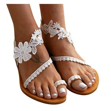 Sandales de Plage en Dentelle pour Femmes, Blanches, Bohèmes, Plage, Été, à Enfiler, Plates, Pantoufles, Sandales Habillées pour Mariée, Mariage
