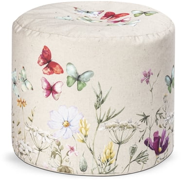 Gouchee Home Dotcom Butterfly Bean Bag Pouf –Round Ottoman with Digital Floral Velvet Cover & Polystyrene Beads – Made in Canada, for Living Room, Bedroom or Dorm
