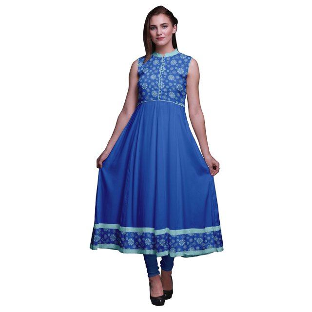 Bimba Kurti Longue Indienne Mandala Bleue pour Femmes Tenue de Fête Imprimée Sans Manches Robe Anarkali Kurti Moyen