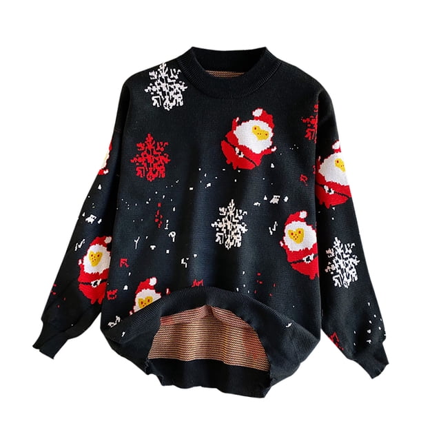 RKSTN Chandail de Noël Laid pour Femmes Mode Automne 2023 avec un Chandail Tricoté Noir à Col Rond et Manches Longues. le Chandail Est Orné de Motifs Festifs de Père Noël Rouge et Blanc et de Flocons de Neige, Créant une Ambiance Ludique des Fêtes. Fabriqué en Tissu Acrylique Doux, Il Offre une Coupe Confortable et Chaude, Idéal pour les Tenues Décontractées d'Hiver, les Fêtes de Noël Ou les Réunions de Famille. la silhouette Surdimensionnée et la Coupe Ample le Rendent Facile à Agencer avec des jeans Ou des leggings pour un Style Stylé.