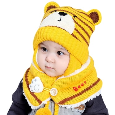 Fgnfyis Winter Hat Baby Boy Girl Toddler Bear Ear Cap Hat with Scarf Lined Knitted Cap Neckwarmer for Kids 2 Pieces Yellow One Size