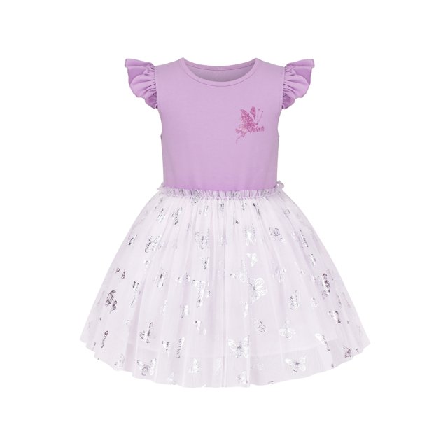 Robe Fille Violette Manches à Volants Papillon Jupe Étincelante Fête 6 Ans