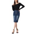 thumbnail image 2 of Unique Bargains Jupe en Denim Décontractée pour Femme à Taille Haute avec Fente avant, Extensible, Coupe Trapèze, Bleu Foncé, M, 2 of 5