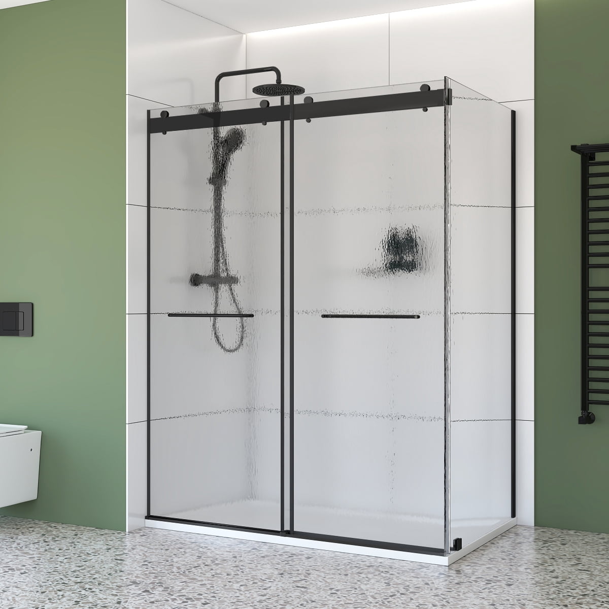 48" x 36" Kit de douche coulissante d’angle noir – Portes à double contournement sans cadre avec verre trempé effet gouttes de pluie 6 mm, installation à gauche & base SMC