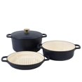 thumbnail image 1 of Sur La Table Kitchen Essentials 4-Piece Enameled Cast Iron Stackable Cookware Set 5.3 Qt Dutch Oven with Lid Braiser & Grill Pan Navy Blue Gold Knob Oven Safe to 500F Induction Compatible, 1 of 5