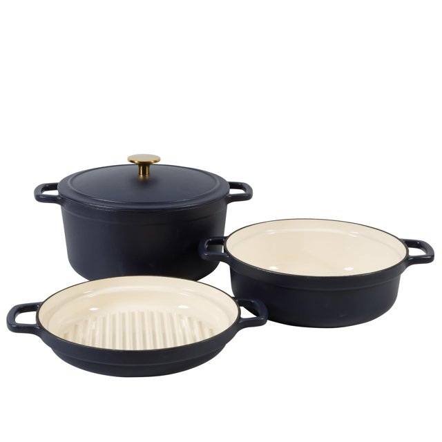 Sur La Table Kitchen Essentials 4-Piece Enameled Cast Iron Stackable Cookware Set 5.3 Qt Dutch Oven with Lid Braiser & Grill Pan Navy Blue Gold Knob Oven Safe to 500F Induction Compatible