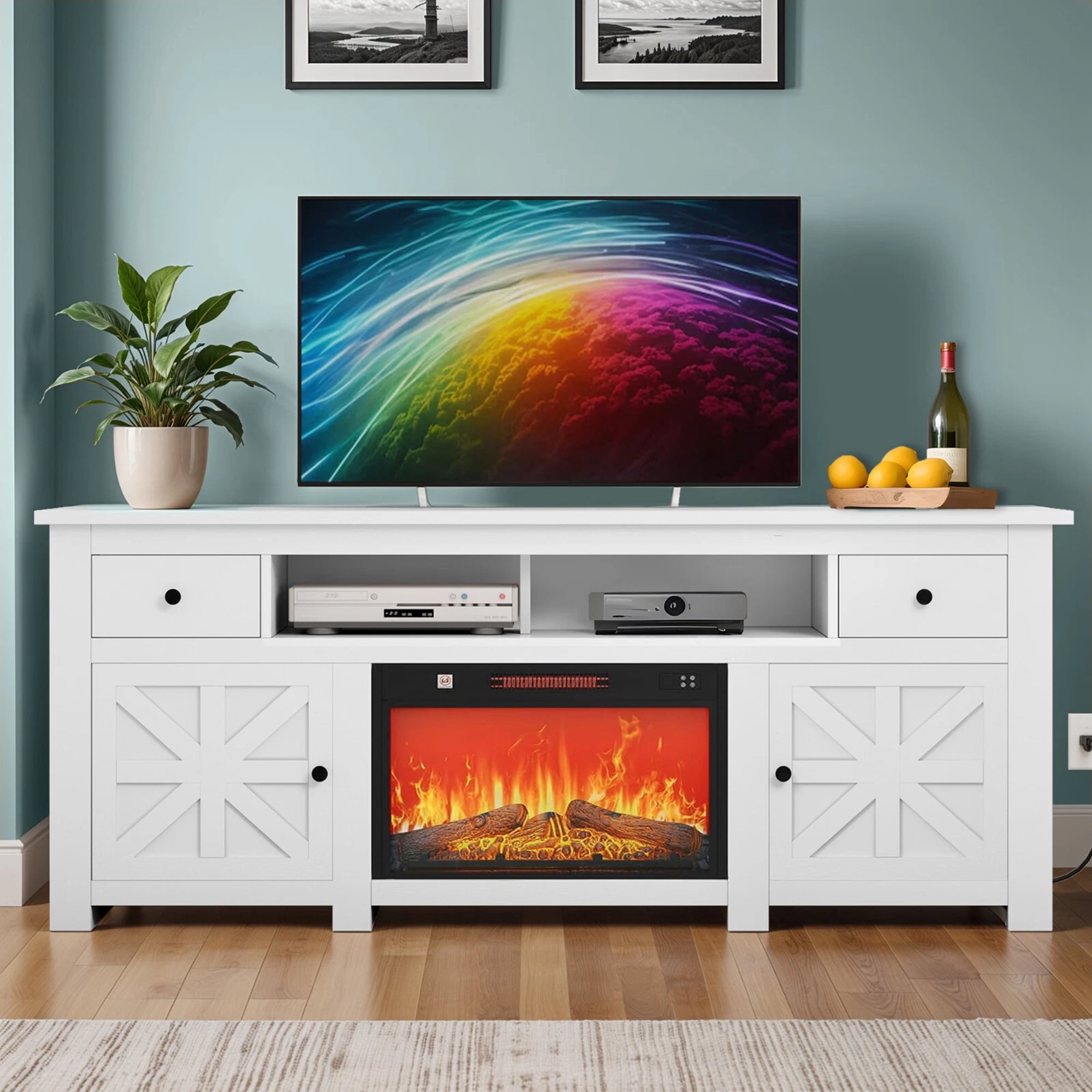 DEXTRUS 70" Farmhouse TV Stand for TVs Up to 80", Entertainment Center with Built-in Power Outlets, Storage Cabinets, Adjustable Shelves & Drawers, Fits 23" Electric Fireplace (Not Included), White
