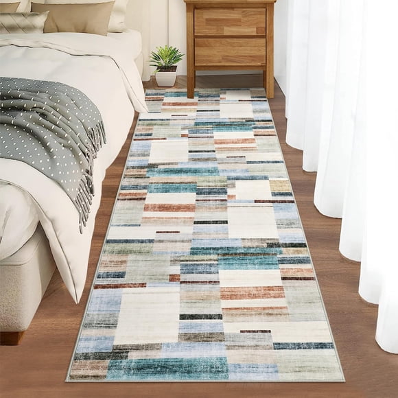 Tapis Coureur – 2x6 Lavable Antidérapant – Géométrique Moderne – Couloir, Entrée, Cuisine et Chambre – Style Ferme Doux – Résistant aux Taches – 2'x6' Multicolore