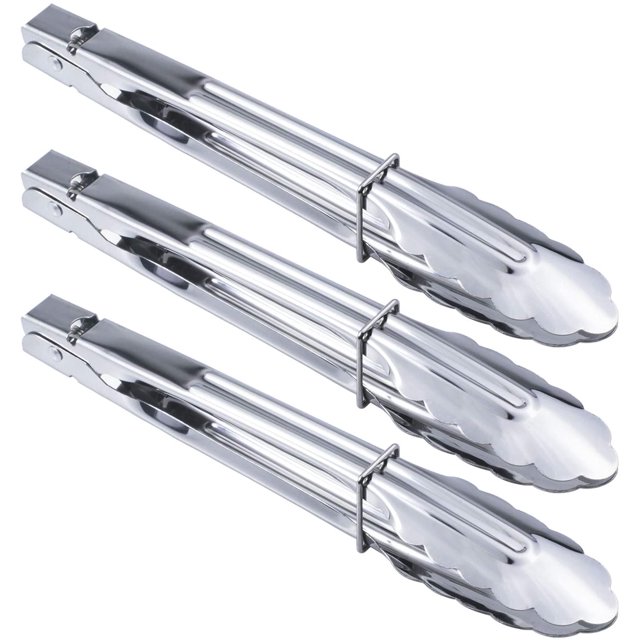 LAICAIW Stainless Steel Serving Tongs, a set of three 9-inch metal cooking tongs with scalloped gripping edges. Made from corrosion-resistant stainless steel, these tongs feature a sliding locking ring for easy storage and a clam shell head for secure gripping. Ideal for cooking, grilling, and serving various foods.