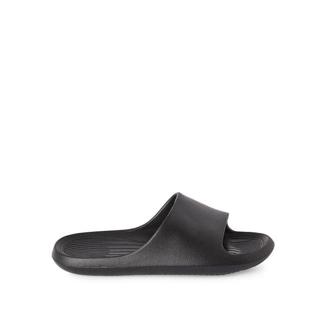 George Women's Slides in black synthetic slip-on style with an open toe and wide strap, featuring a textured footbed and water-repellent finish, ideal for casual summer wear or poolside use, shown in side profile on a white background.