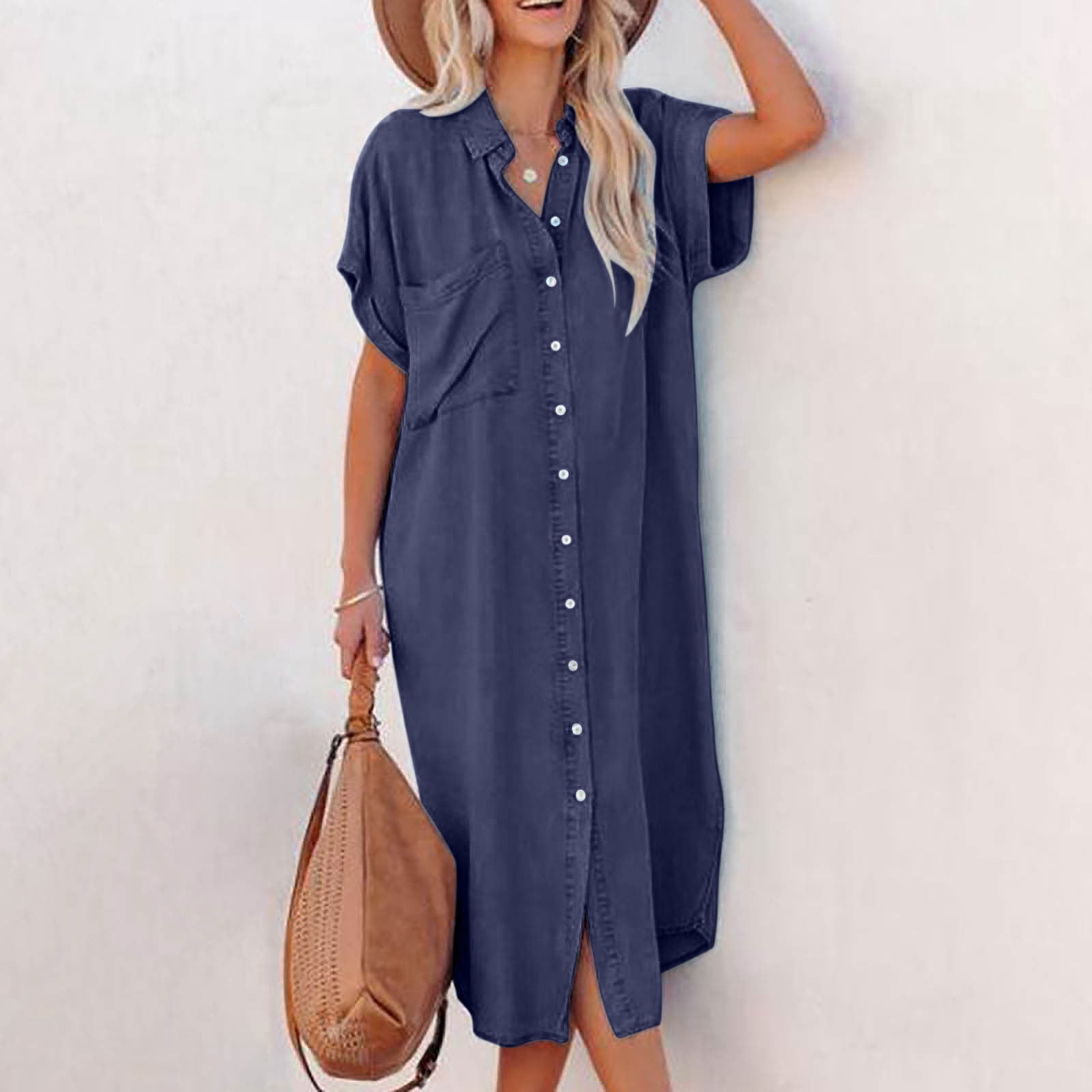 SMihono Robe Bohème d'Été pour Femmes Grande Taille Mode Décontractée pour Femmes Col à Revers Couleur Unie Robe Chemise à Manches Courtes Robe en Denim