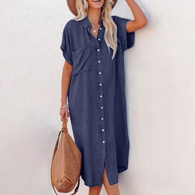 SMihono Robe Bohème d'Été pour Femmes Grande Taille Mode Décontractée pour Femmes Col à Revers Couleur Unie Robe Chemise à Manches Courtes Robe en Denim