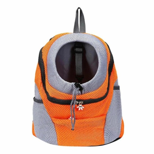 Travel Pet Dog Carrier Puppy Travel Mesh Backpack Front Portable Shoulder Bag in orange and grey. Features a breathable mesh design with a circular opening for the pet's head, adjustable straps, and a front pocket. Available in size S (30x16x34cm) for dogs up to 4kg and size M (36x21x45cm) for dogs up to 8kg. Suitable for outdoor activities and designed for comfort and convenience.