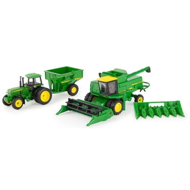 John Deere 1/64 Scale 5 pc Harvesting Set 4555 Tractor, 7720 Combine w/2 Heads, 500 Grain Cart