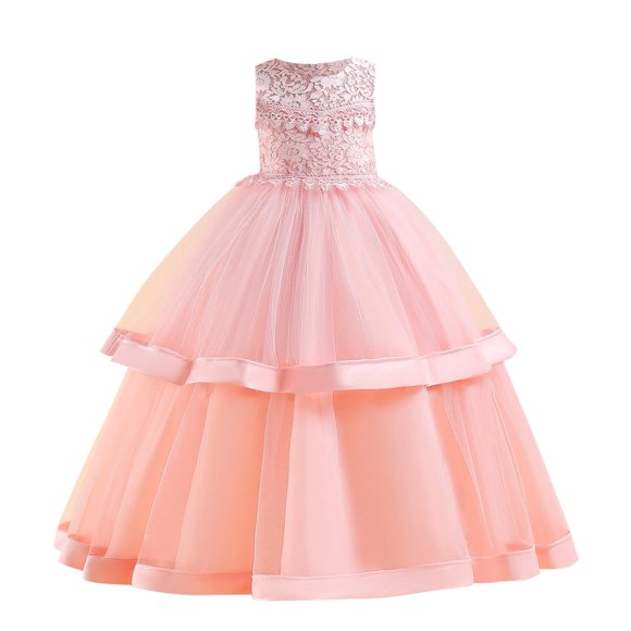 LOVZFMLL Kid's Sleeveless Round Neck Exquisite Three-dimensional Embroidered Flower Mesh Princess Cake Dress Dress Evening Dress Dress Dress