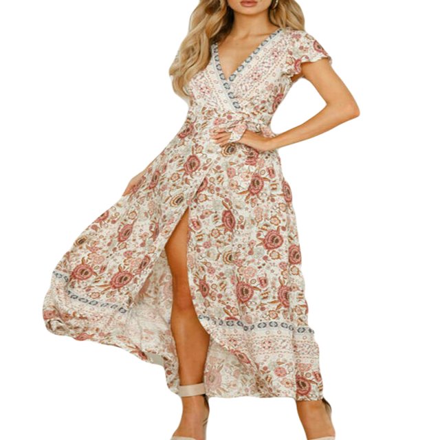 Femmes V-Cou Floral Split Robe Boho Été Plage Décontracté Longue Robe de Soleil