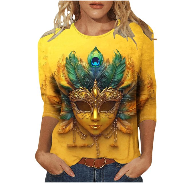 Penkiiy Blouse de Carnaval pour Femme Mardi Gras Mode Imprimé Décontracté Col Rond Manches 3/4 T-shirt Blouse TG Multicolore