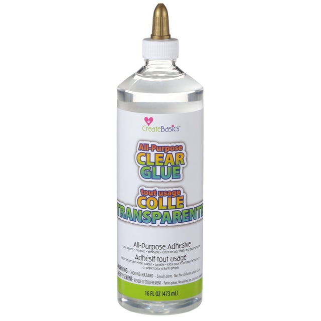 Create Basics 16 oz. All Purpose Clear Glue in a transparent plastic squeeze bottle with white cap and gold nozzle, labeled nontoxic and washable, ideal for crafts, classrooms, and group activities, with bilingual English and French text.