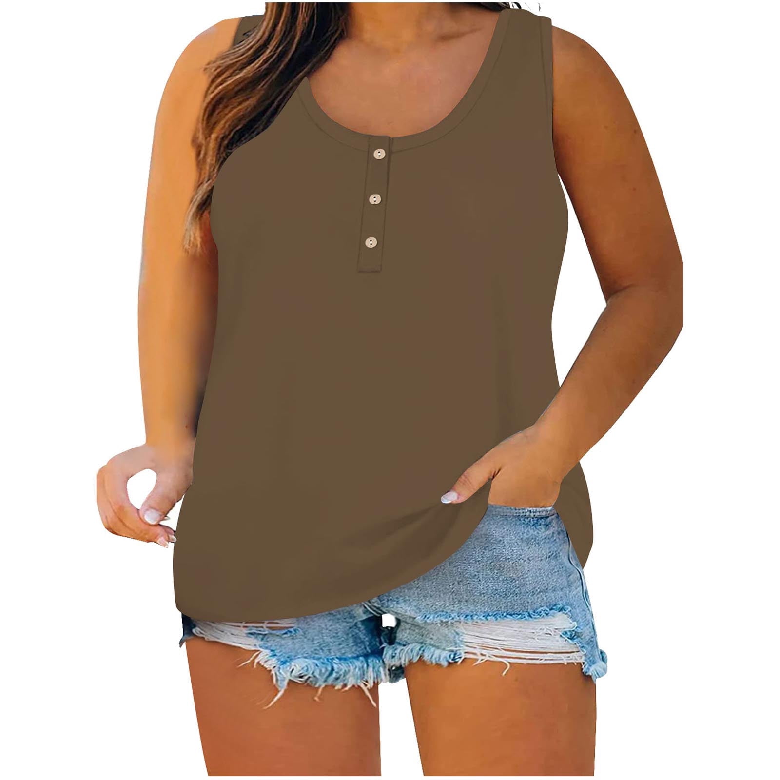 Timegard Camisoles pour Femmes Grande Taille Col Rond à Boutons Sans Manches Confortables Décontractées Amples Hauts T-Shirt Basique