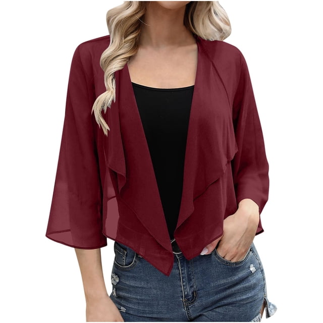 VEKDONE Femmes Uni Décontracté Chiffon Élégant Manches 3/4 Respirant Cardigan Chandail à Capuchon Veste Rouge G