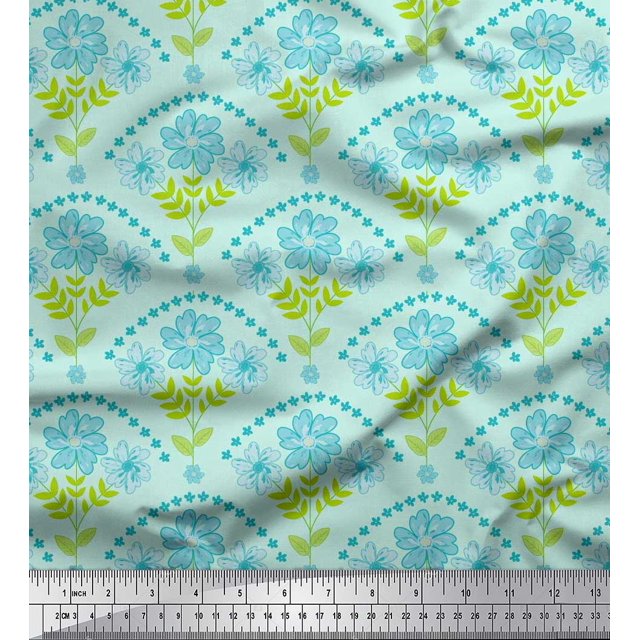 Soimoi polyester Crepe Fabric Leaves,Floral & Scale Geometric Decor Fabric Printed Yard 52 Inch Wide