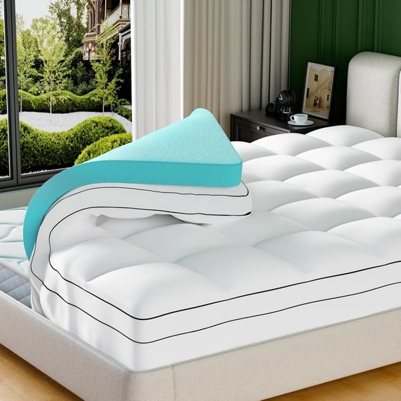 4 Inch Dual Layer Memory Foam Mattress Topper Queen Size ,2 Inch Cooling Gel Memory Foam Plus 2 Inch Fluffy Pillow Top Mattress Pad Cover for Back Pain with 8-21 Inch Deep Pocket