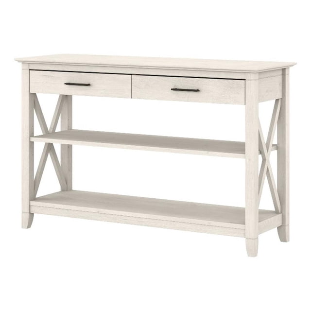 Pemberly Row Table Console en Bois avec Tiroirs et Étagères en Blanc Lin