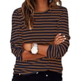 thumbnail image 2 of Aocisk T-Shirts à Blocs de Couleur Rayés pour Femmes, Manches Longues, Col Rond, Coupe Régulière, T-Shirts Décontractés, Confortables pour l'Automne, Hauts, Brun, G, 2 of 6
