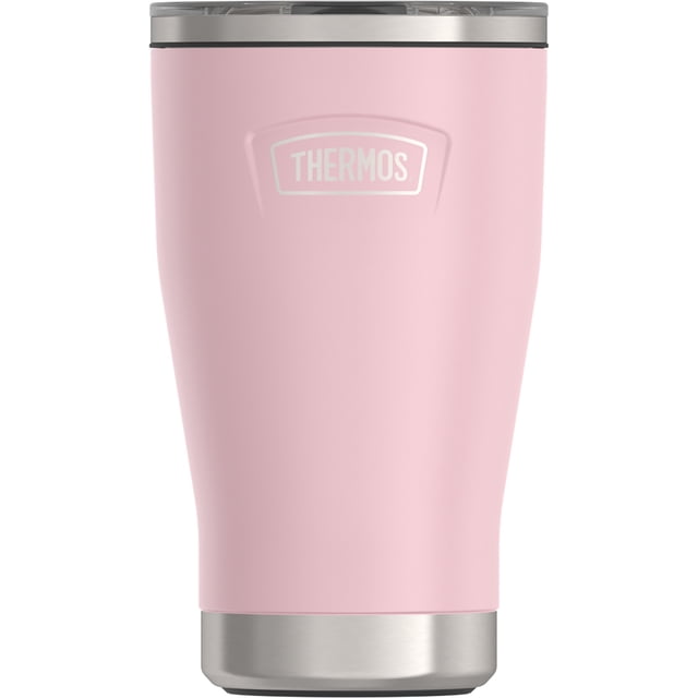 Thermos 12 oz stainless steel vacuum insulated tumbler in pink with a slide lock lid and silver stainless steel base, featuring the Thermos logo, vacuum insulation for hot or cold drinks, a non-slip Griptec base, and a Lumiview lid for clear content visibility, suitable for travel mug use.
