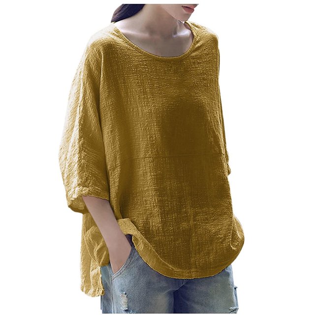 Pompotops Femmes O-Cou Solide Trois Quarts Coton Tops Chemisier T-shirt