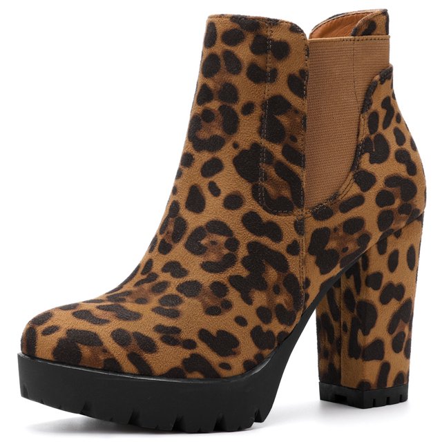 Unique Bargains Bottes Chelsea à Plateforme à Talon Haut Épais à Fermeture Éclair pour Femmes Léopard US 8.5