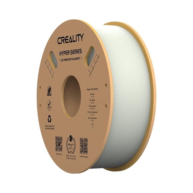 Filament d'Impression 3D Creality Hyper-PLA 1 kg, Vue avant Centrée Blanche d'Une Bobine Complète avec Étiquette de Moyeu Creality; Filament en PLA Blanc Enroulé Soigneusement Montrant un Diamètre de Fil Uniforme et un Trou de Montage visible, Fond Blanc de studio. Conçu pour une Impression Plus Rapide et une Haute Précision, Convient au Prototypage, aux figurines et aux Petites Pièces de production; Aussi Utilisé Souvent pour des Itérations Rapides et des Modèles à Court Tirage.