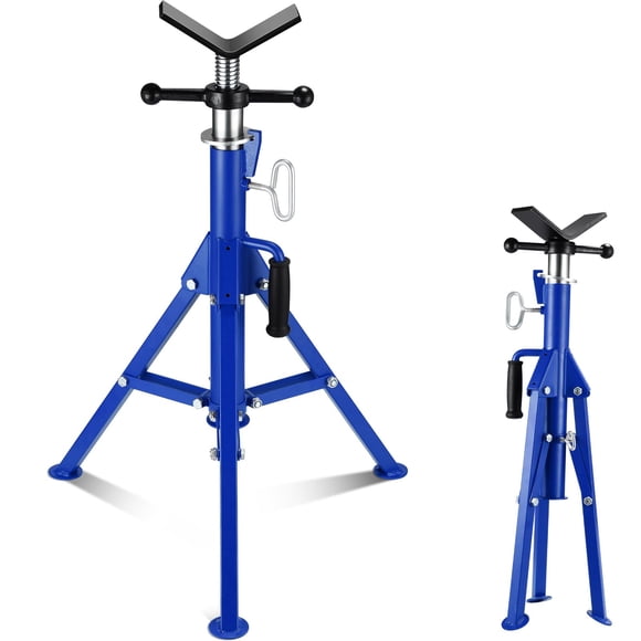 Pipe Jack Stand – Heavy Duty V-Head – Adjustable 28-52" – 2500 lb Capacity – Steel – Folding Tripod Legs – Welding, Threading & Construction – Fits 1/2-12" Pipes – Blue – No Wheels