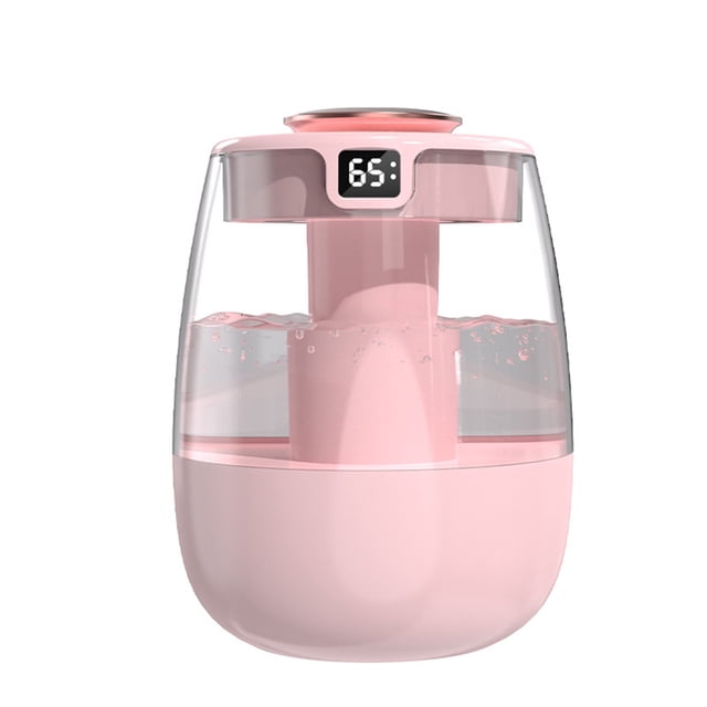 Dvkptbk Humidifiers for Bedroom Usb Double Spray Heavy Fogss Silent Digital Humidifier with a pink ABS+PC body and a transparent water tank. Features a digital display showing humidity levels, a night light function, and three-speed humidification modes. Compact design suitable for desktop or office use, measuring 17.2 x 13 x 13 cm.