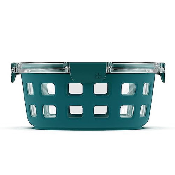 Ello 153-0841-039-6 Contenants Ronds en Verre pour Conservation des Aliments DuraGlass - Bols de Préparation de Repas avec Manchon en Silicone et Couvercles Hermétiques, 7 Tasses, Sarcelle