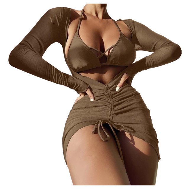 EGNMCR Bikini Set Women's Solid Bikini Strap Bikini Deep V Split Swimsuit Set Three-piece Swimming Suit