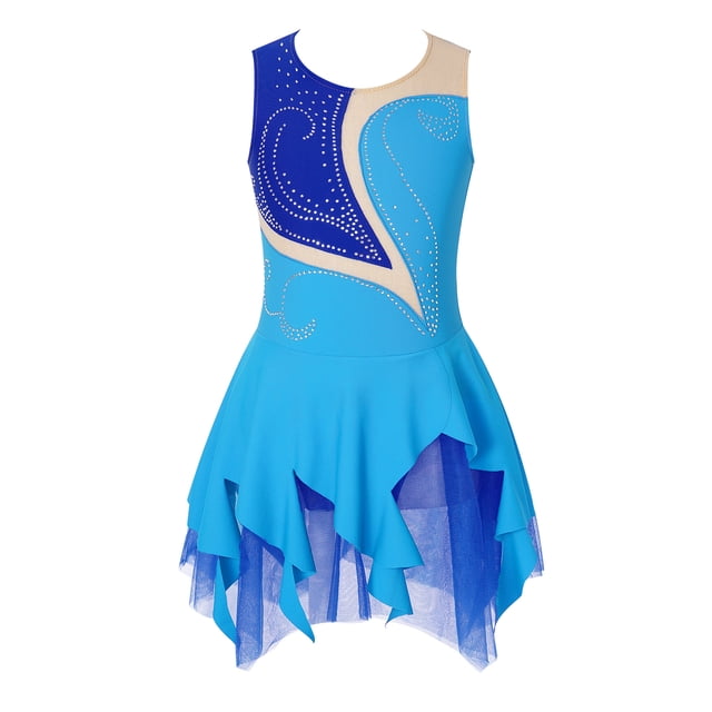 Jhaoyu Robe de Patinage à Glace Sans Manches pour Filles avec Strass Scintillants Robe de Danse Ballet Gymnastique Bleu 12