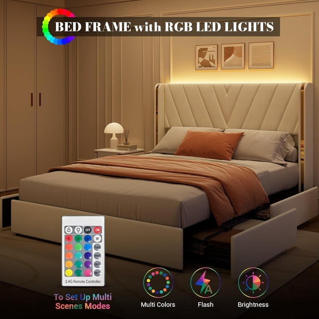 GloryStar Upholstered Bed Frame with 4 Storage Drawers and RGB LED Lights, Velvet Platform Bed Frame with Wingback Headboard, Modern Luxury Bed for Bedroom, White