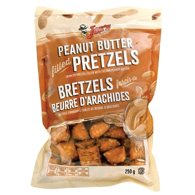 Peanut Butter filled Pretzels by Joe’s Tasty Travels, a 250g bag of crunchy square pretzels filled with creamy peanut butter, featuring peanut graphics and nutritional info highlighting energy, fibre, iron, and low cholesterol, suitable as a convenient snack or for on-the-go energy.