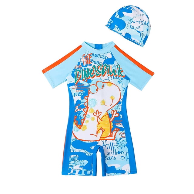Sunnyoo Little Boys Swimsuits Cartoon Dinosaur Print Short Sleeve Rash Guard Swim Shorts, Sizes 3-8