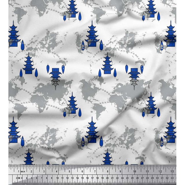 Soimoi Blue Satin Silk Fabric Tree & World Map Print Fabric by the Yard 42 Inch Wide