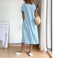 thumbnail image 4 of LOVZFMLL Women's Summer Fashion Solid Color Round Neck Short Sleeve Linen Dress Light Blue M, 4 of 9