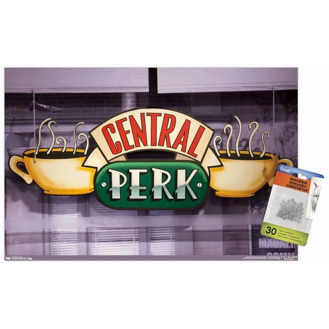 Friends - Affiche Murale Central Perk, 22,375 Po x 34 Po, Mettant en Vedette le logo Central Perk avec Deux Tasses de Café Vapeur sur Papier Affiche Lustré avec un Arrière-Plan de Stores de Fenêtre et de Mur de Briques, art Mural Idéal pour la Déco de la Maison, les Résidences Étudiantes Ou les Bureaux.
