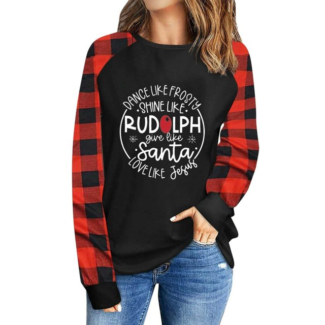 Chemises à Manches Longues pour Femmes Pull Col Rond Sweat-Shirt Motif Raglan Casual Tunic Tops Chemise Imprimée de Noël